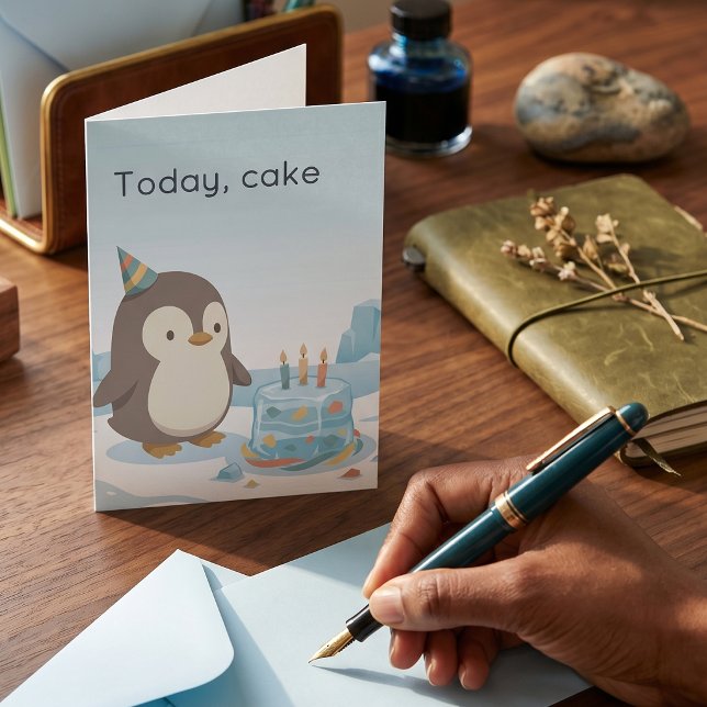Penguin Birthday | Today, Cake | Custom Birthday Card (Lifestyle Shot)