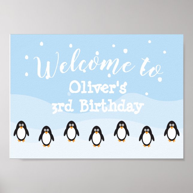 Penguin birthday welcome sign poster (Front)