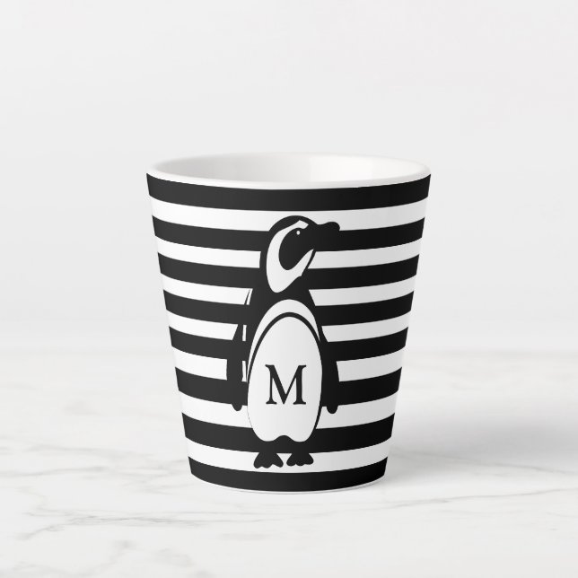 Penguin Black and White Striped Monogram Latte Mug (Front)