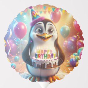 Penguin Blowing Out Candles on Cake, Happy Birthda Balloon