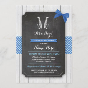 Penguin Blue Baby Shower Party Boy Wood Invite