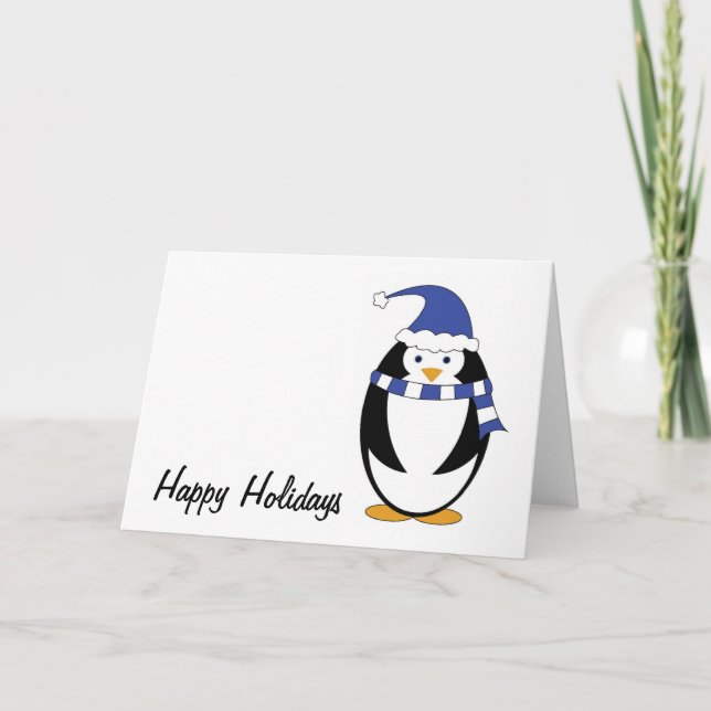 Penguin Blue Clothes Holiday Card (Front)