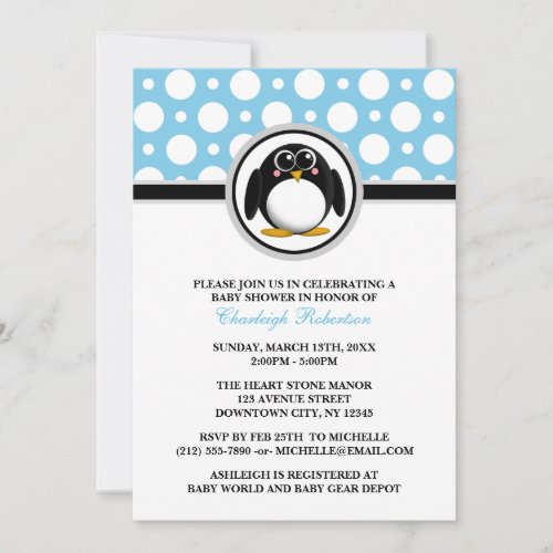 Penguin Blue Polka Dot Baby Shower Invitations