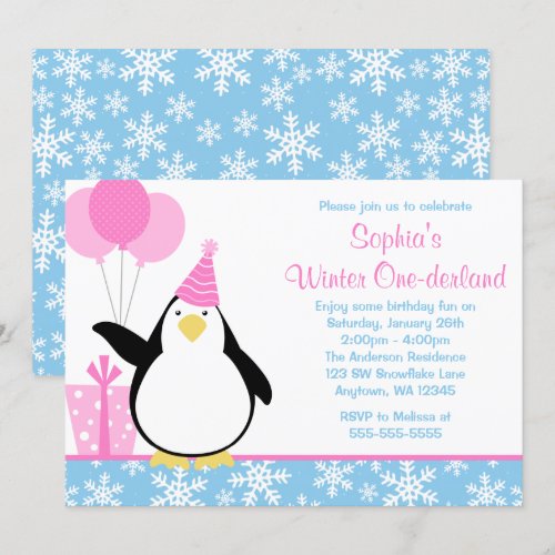 Penguin Blue Snowflakes Winter Onederland Birthday Invitation