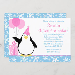 Penguin Blue Snowflakes Winter Onederland Birthday Invitation