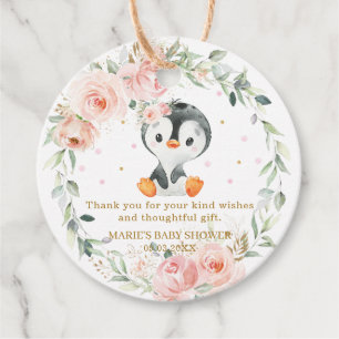 Penguin Blush Floral Baby Shower Birthday Party Favor Tags