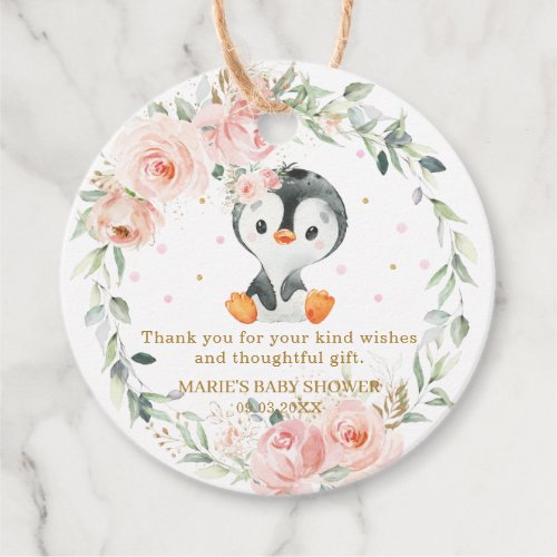 Penguin Blush Floral Baby Shower Birthday Party Favor Tags