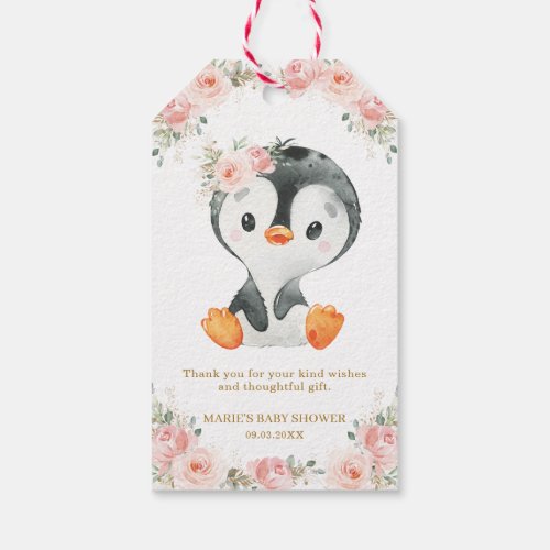 Penguin Blush Floral Baby Shower Birthday Party Gi Gift Tags