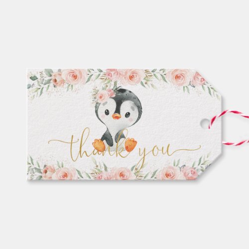 Penguin Blush Floral Baby Shower Birthday Party Gift Tags