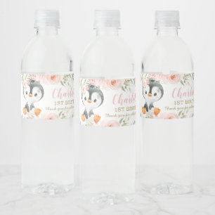 Penguin Blush Floral Baby Shower Birthday Party Water Bottle Label