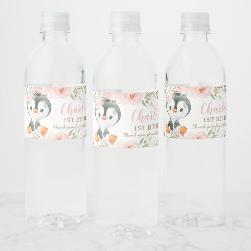 Penguin Blush Floral Baby Shower Birthday Party  Water Bottle Label