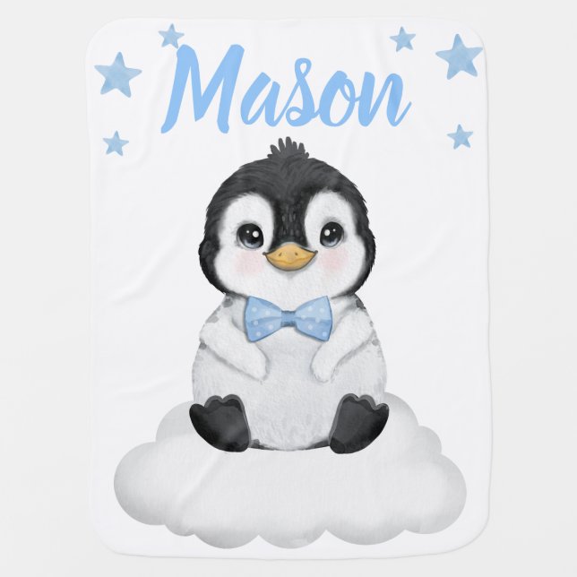 Penguin Bow tie Baby Blankets Star Blue Name (Front)
