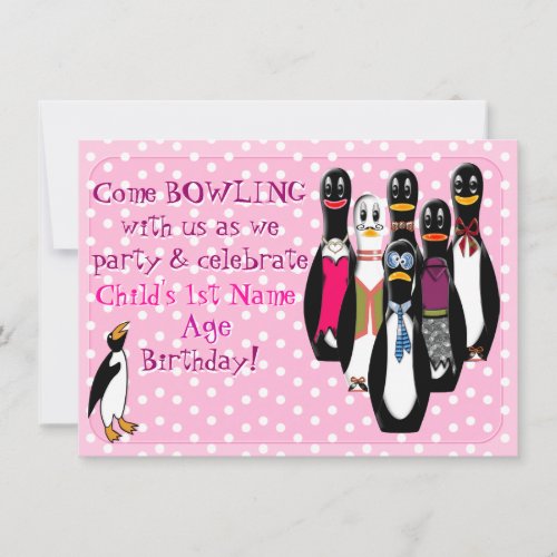Penguin Bowling Birthday Party Pink Personalized Invitation