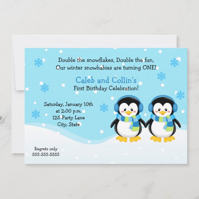 Penguin Boy Twins Birthday Invitation (Front)