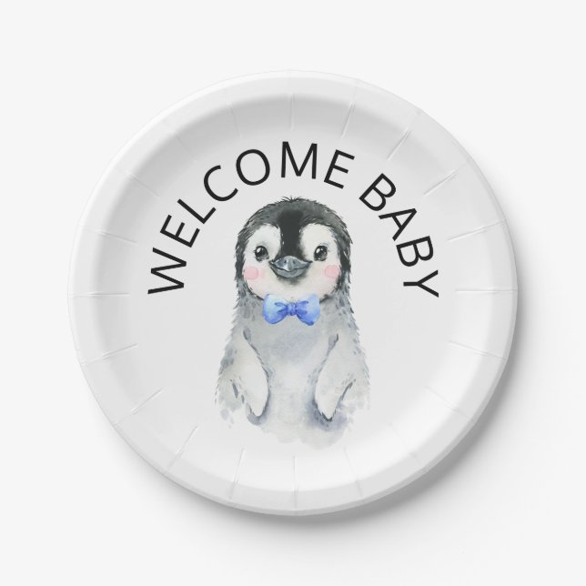 Penguin Boy Winter Baby Shower Paper Plate (Front)