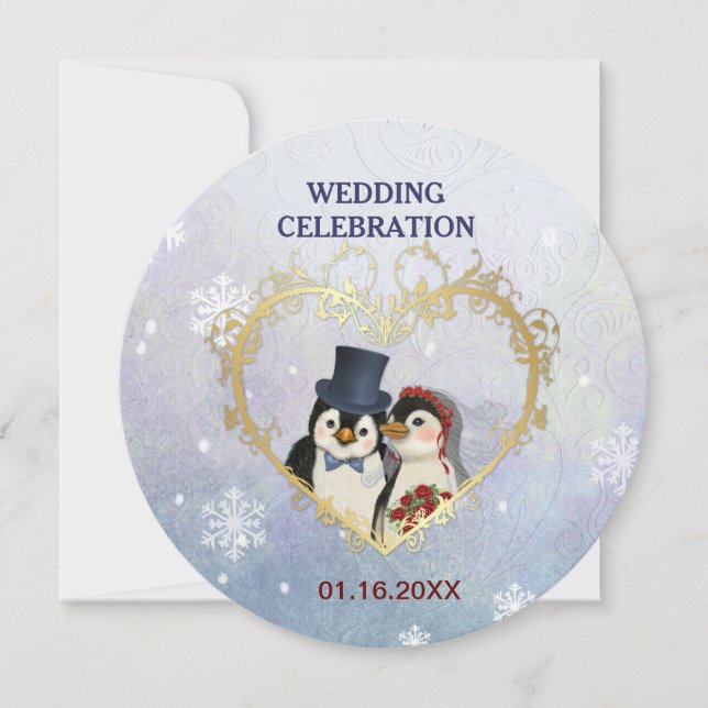 Penguin Bride and Groom Wedding - Circle Invitation (Front)