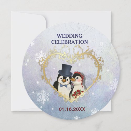 Penguin Bride and Groom Wedding _ Circle Invitation