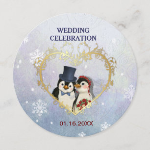 Penguin Bride and Groom Wedding - Circle Invitation