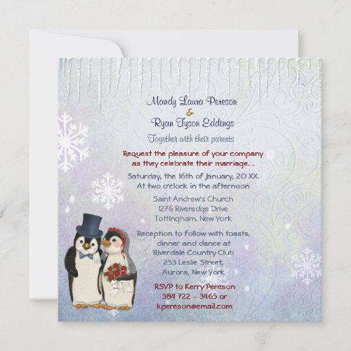 Penguin Bride and Groom Wedding Invitation Square