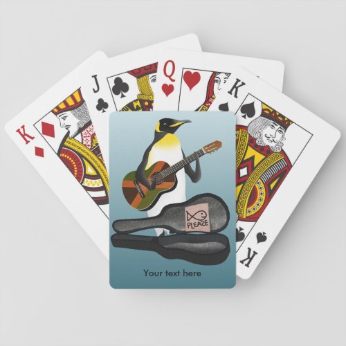 Penguin busking playing guitar playing cards