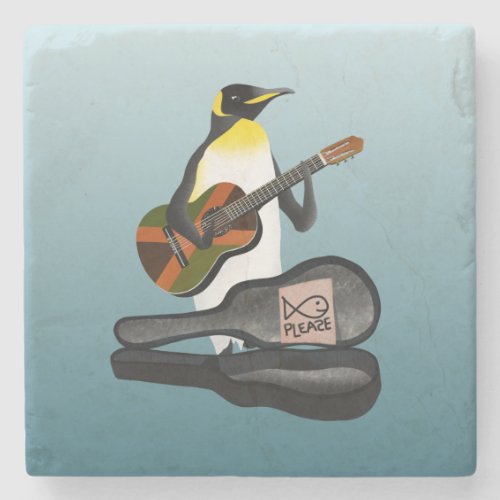 Penguin busking playing guitar stone coaster