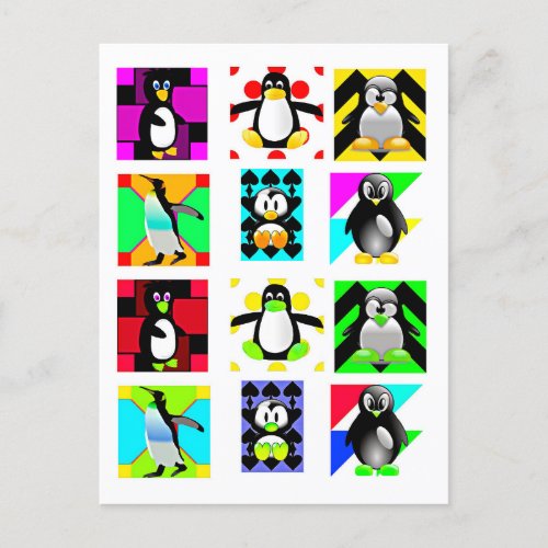 Penguin Cartoon Birds Abstract Art Collage Postcard