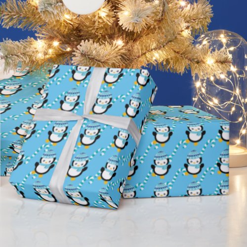 Penguin cartoon blue candy cane winter ice wrapping paper