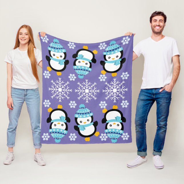 Penguin cartoon cold winter snowflake fleece blue blanket (In Situ)
