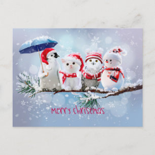 Penguin, cat, owl and snowman under the snow announcement postcard