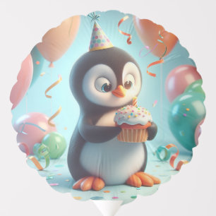 Penguin Chick with Cupcake, Happy Birthday by Nata Balloon