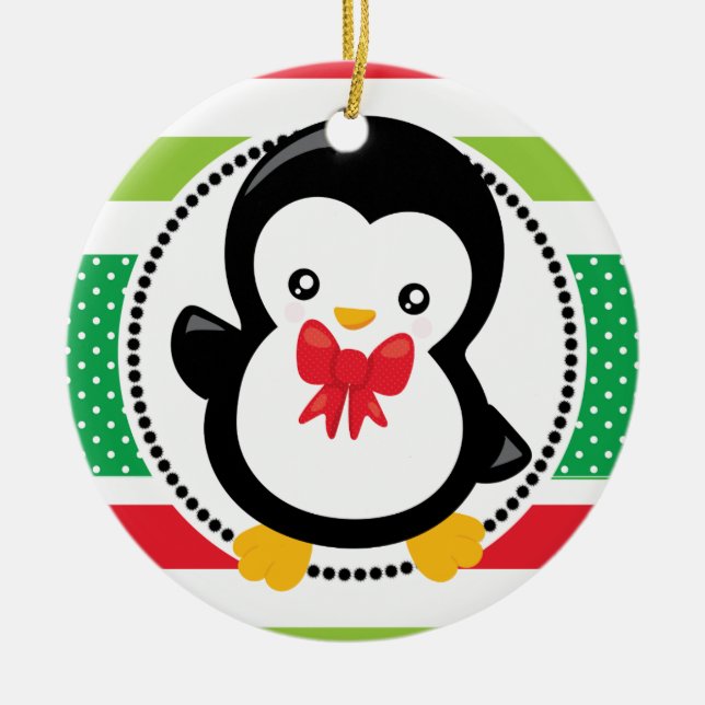 Penguin Christmas Bow Holiday Personalized Ceramic Ornament (Front)