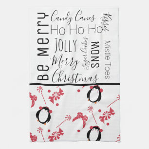 Penguin Christmas Candy Words Kitchen Towel