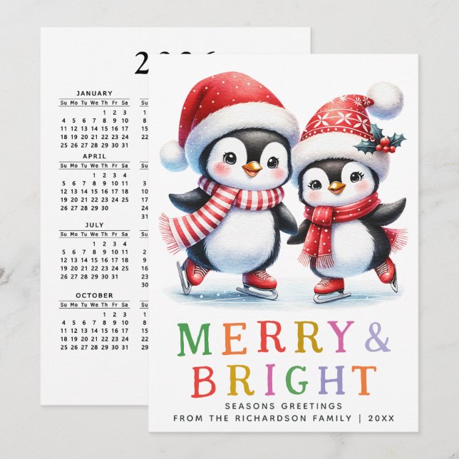 Penguin Christmas Colorful Merry and Bright Holiday Card (Front/Back)