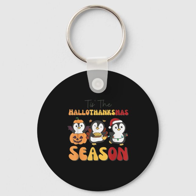 Penguin Christmas Halloween Tis' The Hallothanksma Keychain (Front)