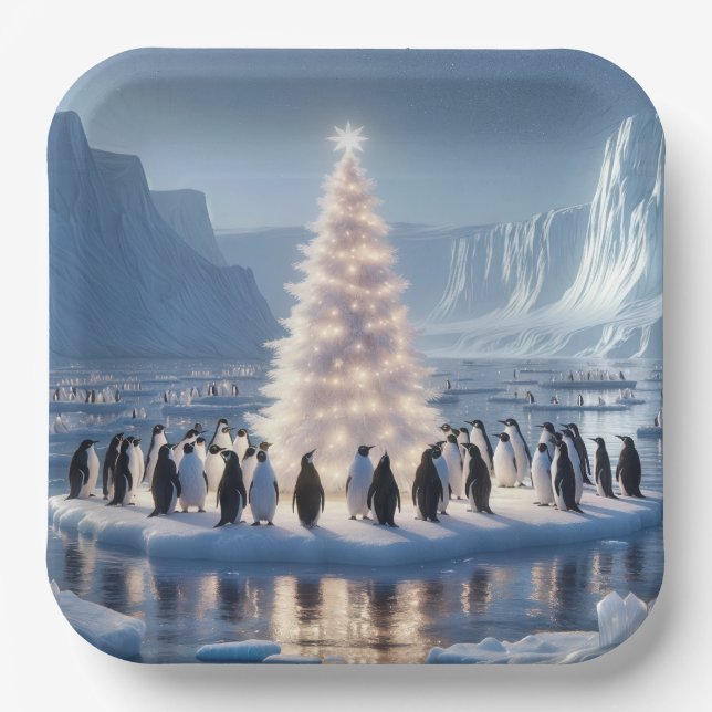 Penguin Christmas Party Paper Plates (Front)