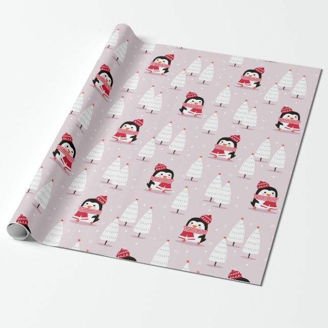 Penguin Christmas Pattern Wrapping Paper (Unrolled)