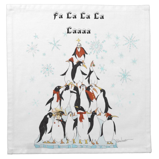 Penguin Christmas Tree Comic Illustration Cloth Napkin (Front)