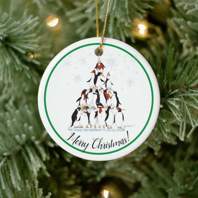 Penguin Christmas Tree Fun Holiday Cartoon Ceramic Ornament (Tree)