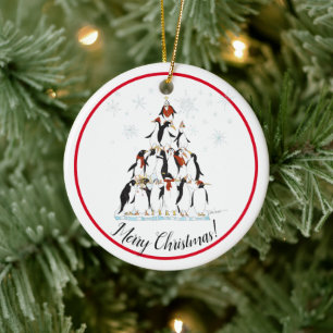 Penguin Christmas Tree Fun Holiday Cartoon Ceramic Ornament