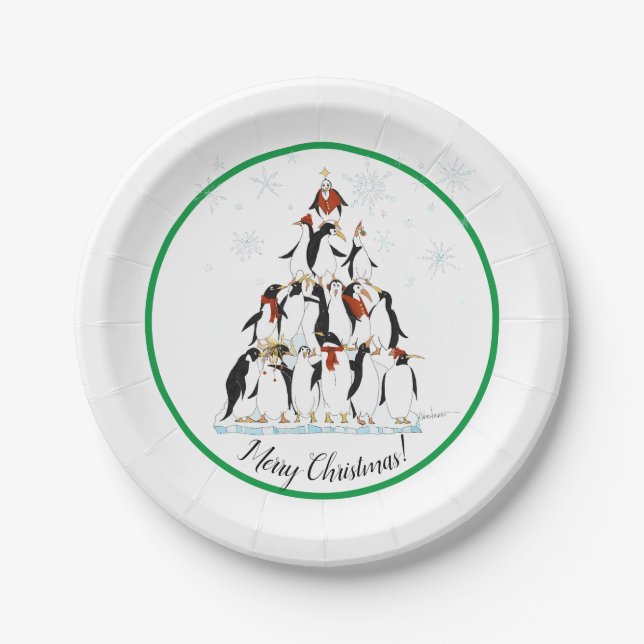 Penguin Christmas Tree Fun Holiday Cartoon Paper Plates (Front)