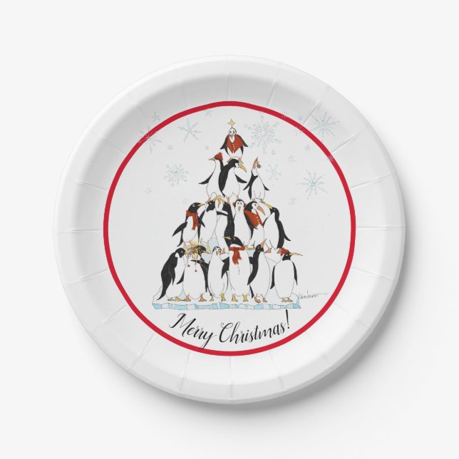 Penguin Christmas Tree Fun Holiday Cartoon Paper Plates (Front)