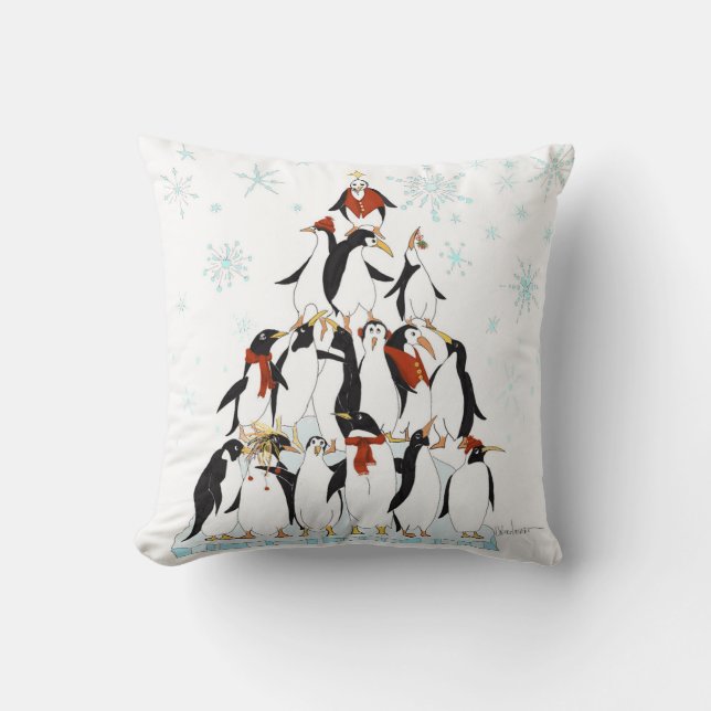 Penguin Christmas Tree Fun Holiday Cartoon Throw Pillow (Front)