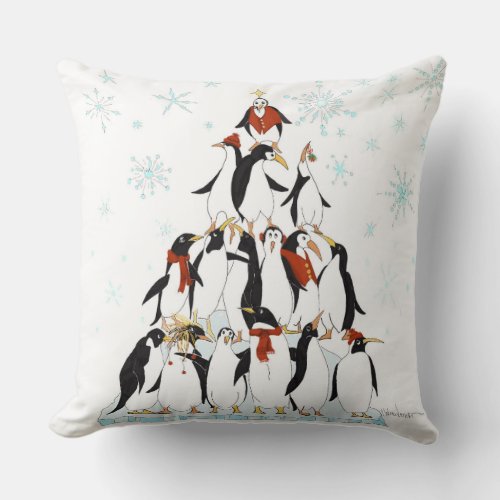 Penguin Christmas Tree Fun Holiday Cartoon Throw Pillow