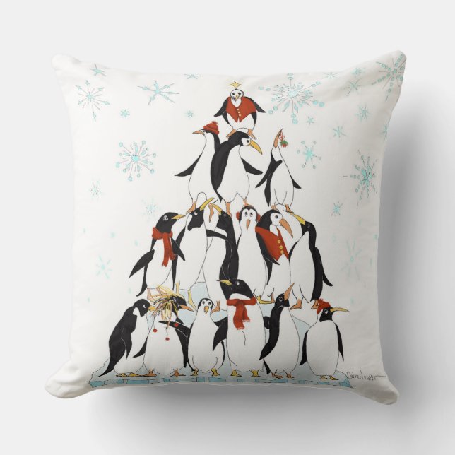 Penguin Christmas Tree Fun Holiday Cartoon Throw Pillow (Front)