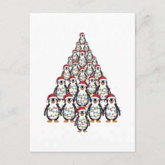 Penguin Christmas Tree Santa Hat Christmas Lights Holiday Postcard