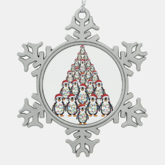 Penguin Christmas Tree Santa Hat Christmas Lights Snowflake Pewter Christmas Ornament