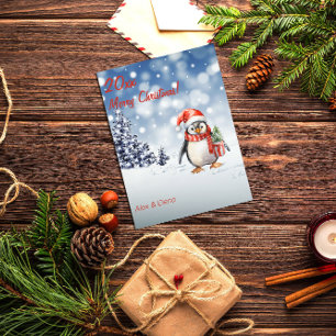 Penguin Christmas tree snow Holiday Postcard