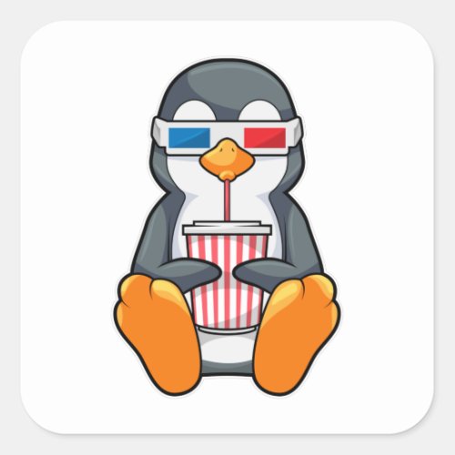 Penguin Cinema Glasses Drinking cup Square Sticker