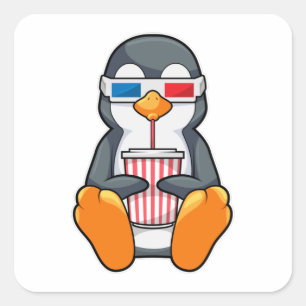 Penguin Cinema Glasses Drinking cup Square Sticker