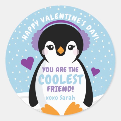Penguin Classroom Valentines Day Card for Kids Classic Round Sticker